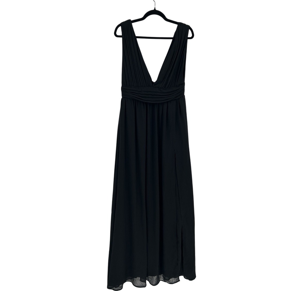 Lulus Pleated Chiffon Maxi Dress M Black V-Neck Side Slit Formal Evening Gala